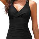 Women Tankini Top Only - Twist Front Tummy Control Swim Bathing Suit Top Adjustable Cross Back No Bottom 2025 (Black, L)