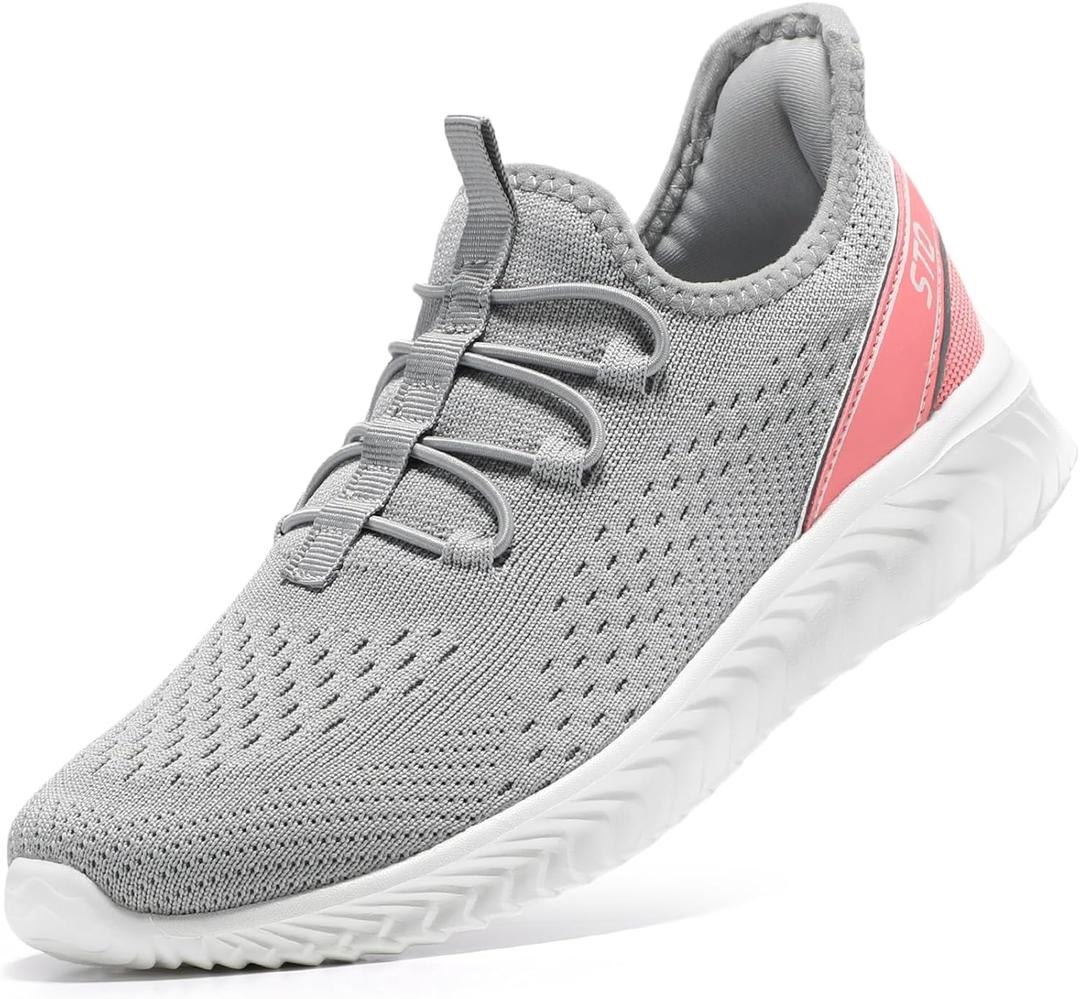 STQ Womens Orthopedic Walking Shoes Comfortable Slip on Sneakers for Plantar Fasciitis (9, Light Grey Pink)