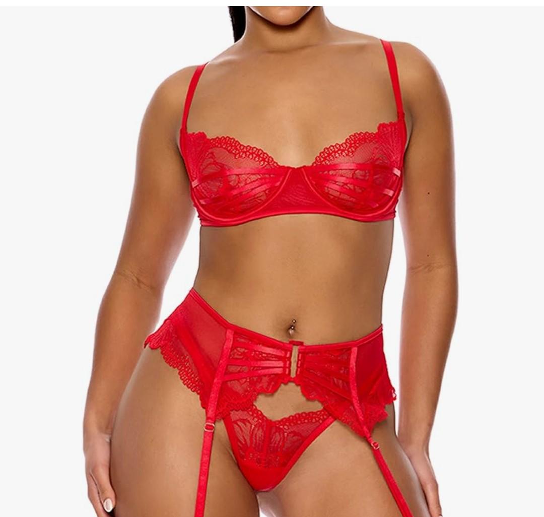 Forplay womens Thirst Strap Strappy Lace Bra and Garter Belt Lingerie Set,M