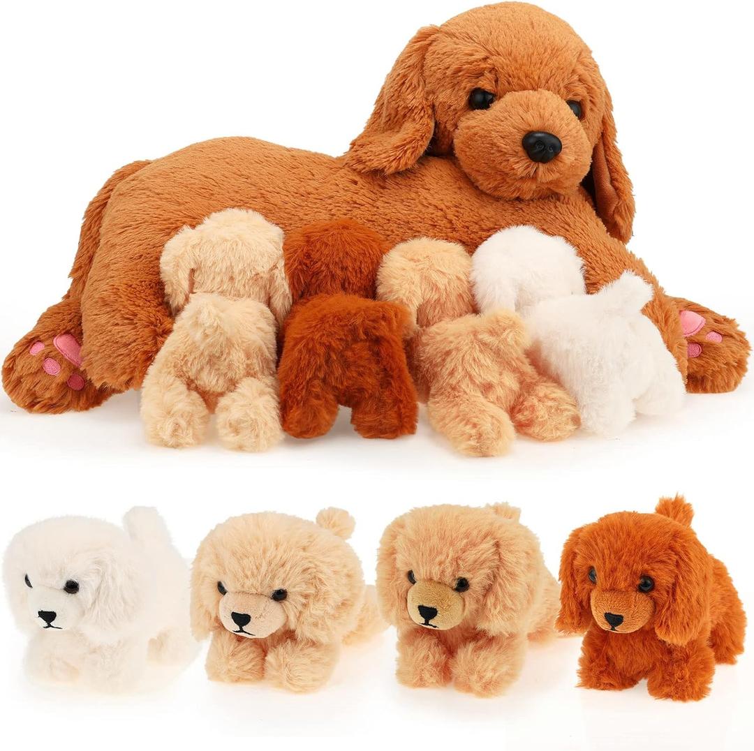 HyDren Nurturing Dog Stuffed Animal Sets Soft Cuddly Nursing Mommy Dog with 4 Stuffed Puppies for Birthday Party Favor Gifts(Golden Retriever)
