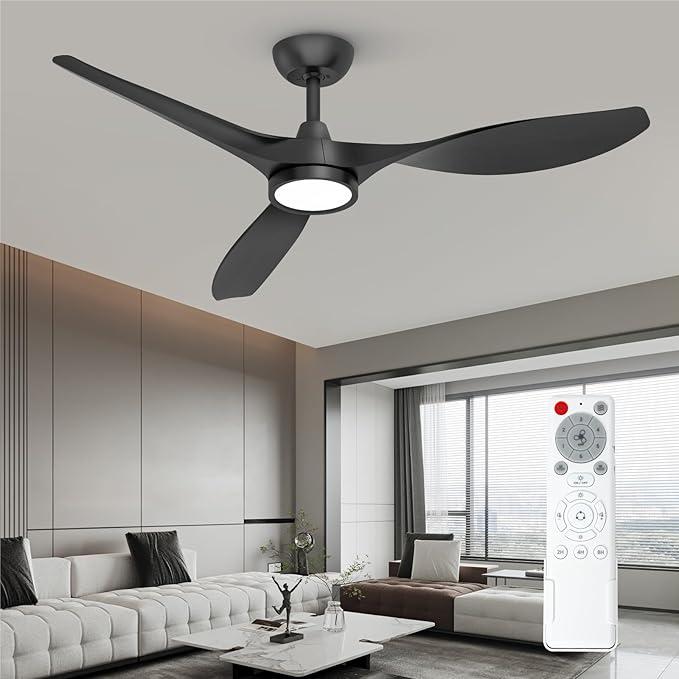 Roomratv Ceiling Fans with Lights and Remote, 52 Inch Large Airflow Indoor Ceiling Fans with Quiet DC Motor and 3 Colour Temperature Black Noiseless Attractive Design ABS Blades