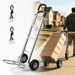 2 in 1 Hand Truck, 600 Lbs Capacity, Dolly Cart with Wheels 10" All-Terrain Tires, Heavy Duty Alloy Steel Dolly with Dual Handles, 2 Bungee Cord for Warehouse, Home, Office, Dormitory, Silver