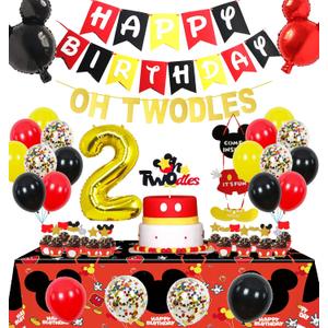Nyhpar Cartoon 2nd Birthday Party Supplies Oh Twodles Theme Party Decorations Includes Felt Banner,Welcome Hanger Door Sign, Tablecloth,Cake Cupcake Toppers,Mouse Head Balloons, Latex Balloons