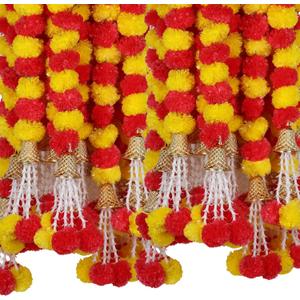 Marubhumi Artificial Marigold Flower Strands Garland for Diwali Decor,5 Feet Long Strands, Garland for Decoration, Diwali Decorations for Home, Christmas Decor Wedding Decor, Yellow & Red - 5 PCS