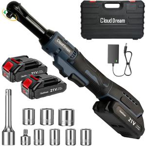 CloudDream 3/8" Cordless Electric Ratchet Wrench,45Ft-lbs(60N.m) Extended Ratchet Set with 2x 2.0Ah Batteries, Variable Speed Power Driver, 6 Sockets, 1/4" Adaptor & 3" Extension Bar for Auto Repair