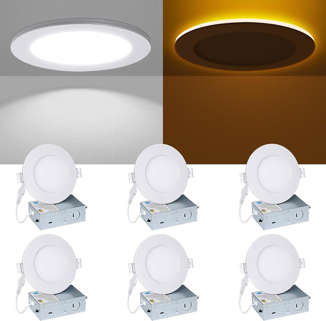 4 Inch Recessed Ceiling Light - with Night Light, 2700K/3000K/4000K/5000K/6000K Selectable, 9W+3W Ultra-Thin LED Recessed Lighting with Junction Box, Dimmable Canless Wafer Downlight, 4inch 6P White