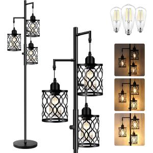 Dimmable Farmhouse Floor Lamp, Industrial Floor Lamp for Living Room with 3 X 6W LED Bulbs, 3 Light Rustic Standing Tall Lamp for Bedroom, Office, 68", Black 