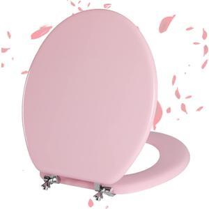 Pink Round Toilet Seat Natural Wood Toilet Seat with Zinc Alloy Hinges, Easy to Install, Easy to Clean, Scratch Resistant Toilet Seat by Angol Shiold (Round, Pink)