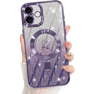 Bonoma Compatible with iPhone 16 Case Support for MagSafe, Plating Heart Glitter Magnetic Checkered Case TPU Camera Protection Back Cover for Girls Women -Purple