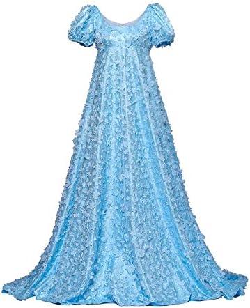 Women's Daphne Basset Dress Regency Dresses Jane Austen Style High Waistline Ruffled Puff Sleeve Long Dress, Medium