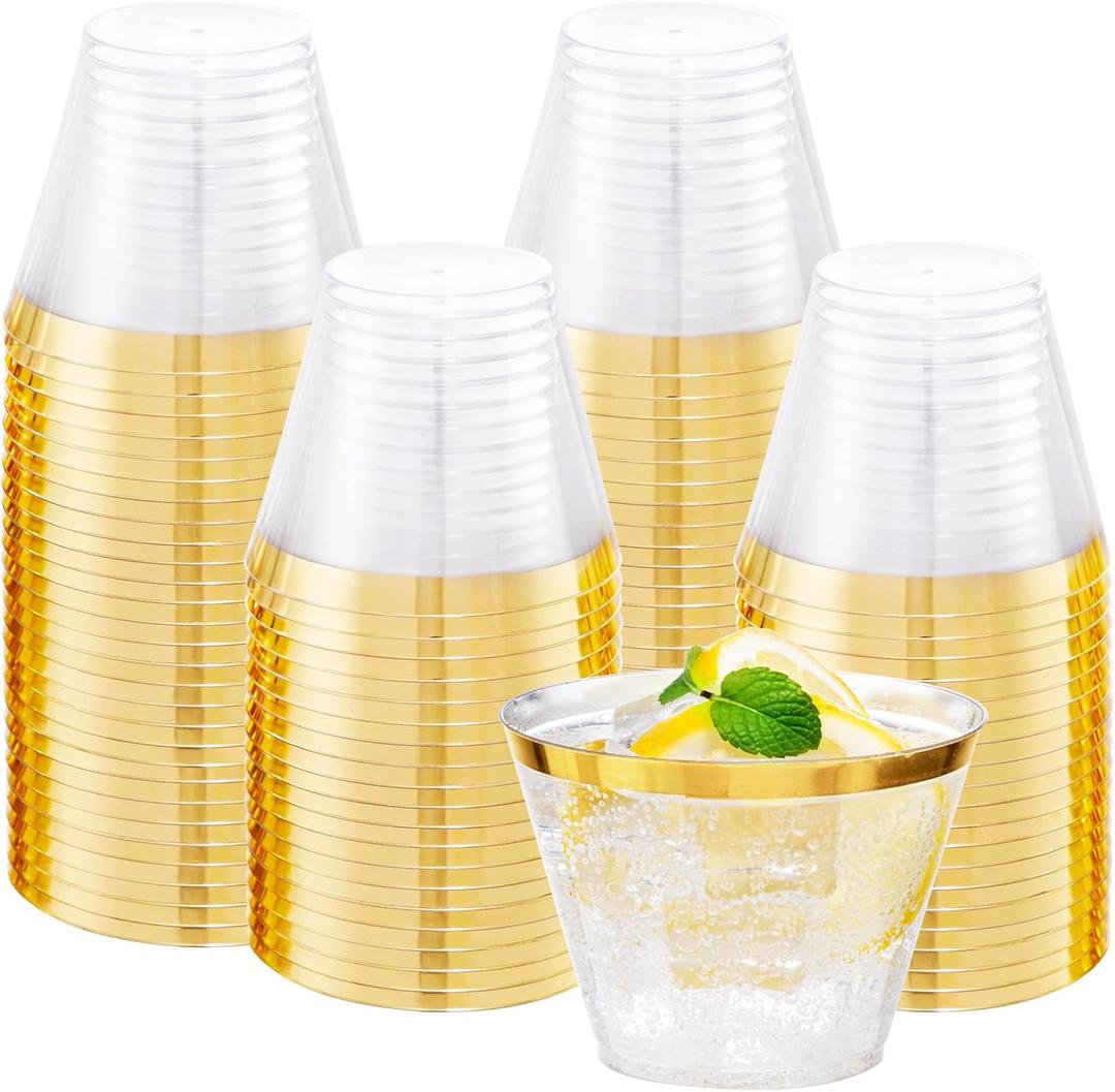  Heavy Duty Plastic Cups, 9 oz, Gold Rimmed, Clear, 100 Count, BPA Free, Disposable, for Party & Wedding