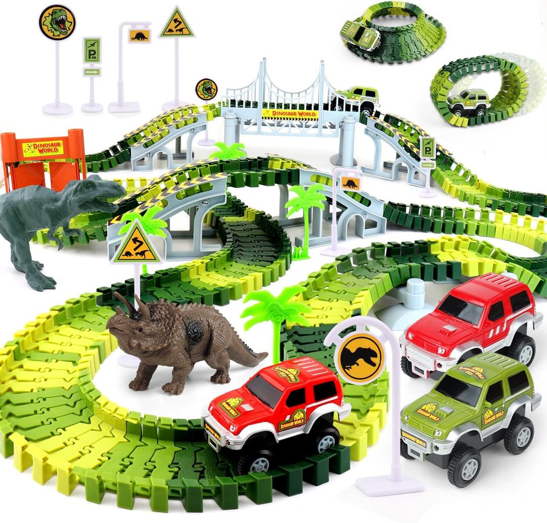 AUUGUU Dinosaur Toys - Create A Dino World with Flexible Race Track, Birthday Gift for Kids Ages 3+, Toys for 3 4 5 Year Old Boys