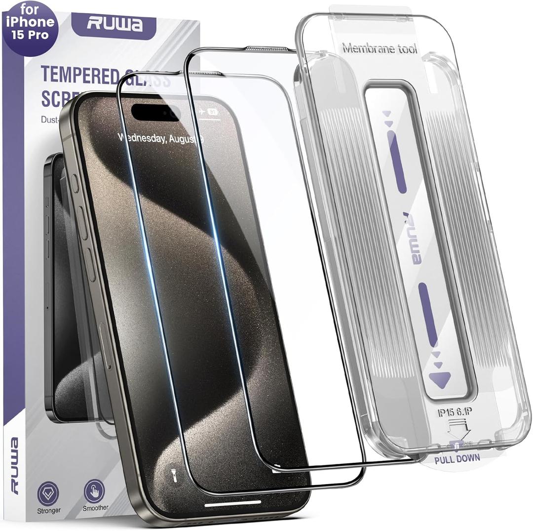 ruwa Screen Protector for iPhone 15 Pro 2-Pack HD Clear Tempered Glass Film with Auto Dust-Elimination Alignment Kit, 9H Hardness Drop Protection, Scratch Resistant, Full Coverage, Bubble-Free (Transparent)