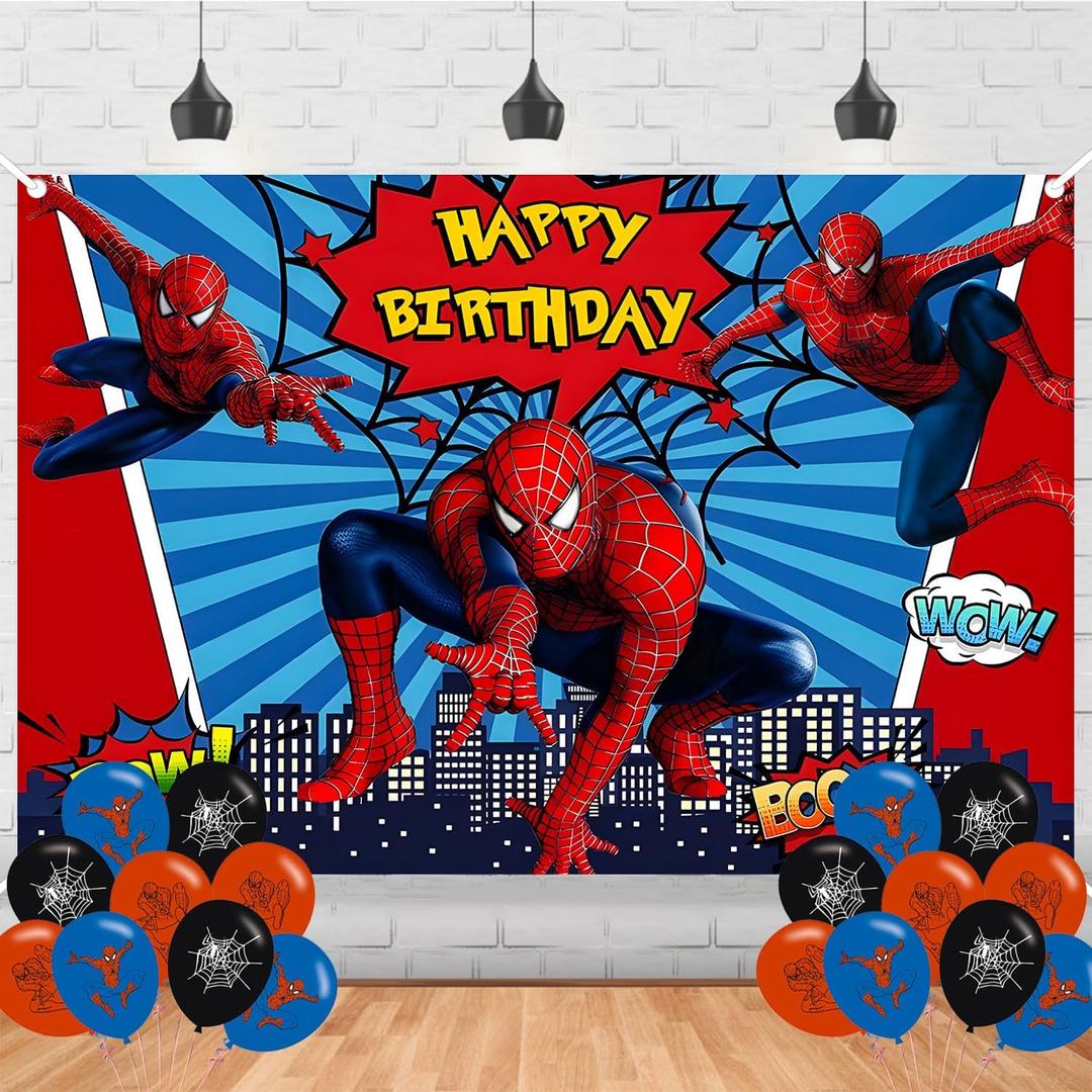 Spider Hero Birthday Decorations,Spider Backdrops for Party Decorations Supplies, Happy Birthday Banner Backdrop for Party Supplies (5x3ft)