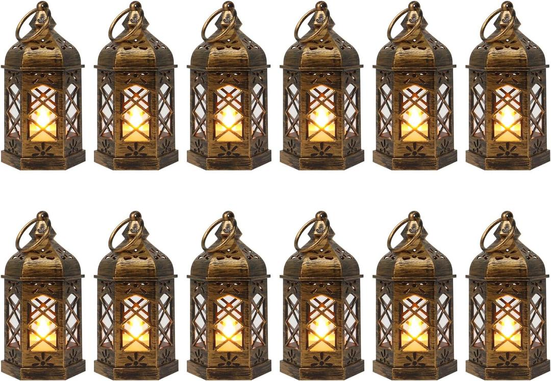 LLQ Mini Lantern with LED Candle, 12PCS Small Lanterns Decorative Indoor, Vintage Moroccan Lantern for Ramadan Decorations, Hanging Decor for Wedding Christmas, Table Centerpiece, Brushed Brass