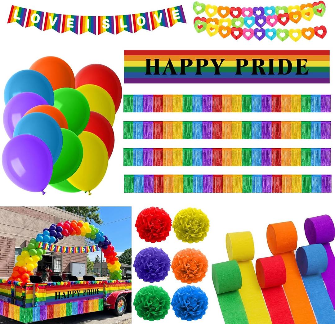 226 Pcs Rainbow Pride Parade Float Decorations Kit Gay Pride Pleated Decor | Paper Foil Fringe Curtains Tinsel Garland Streamer Love is Love Banner LGBTQ Balloon for Trailer Car Truck Golf Party Decor