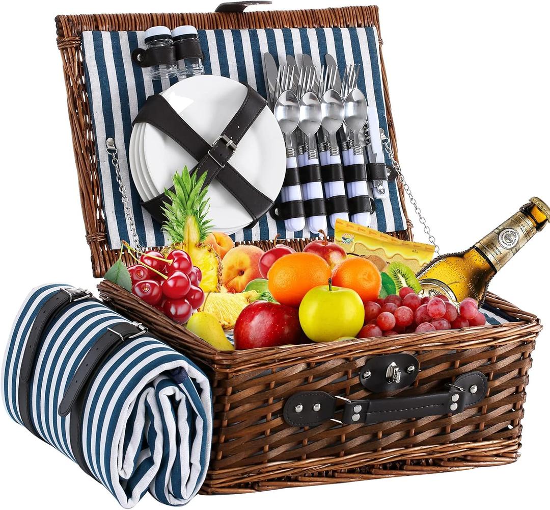 Picnic Basket for 4 with Waterproof Picnic Blanket and Insulated Cooler, Wicker Picnic Set, Willow Hamper for Camping, Outdoors, Photoshoot, or a Birthday, Mother's Day, Wedding Gift, Blue