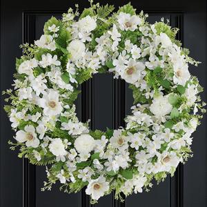 White Faux Silk Flower Spring Summer Easter Wreath 24-26" for Front Door – Anemone Daisy Tagetes Erecta Green Eucalyptus and Fern Leaves – Farmhouse Front Porch Wreath, Outdoor Indoor Use