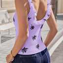 Tankaneo Womens Ruffle Deep V Neck Tank Tops Summer Sexy Floral Print Sleeveless Fitted Shirts Trendy Y2k Going Out Crop Tops (Purple, L)