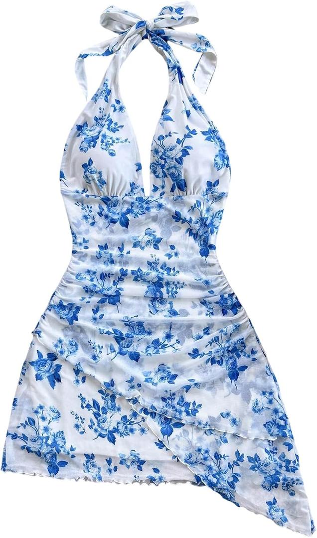 SOLY HUX Women's Y2K Dress Summer Tie Dye Print Sexy Mini Dress Retro Backless Halter Dress Club Dresses L