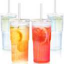 20oz Glass Tumbler with Straw and Lid Iced Coffee Glasses with Glass Straw Vintage Drinking Glasses Set of 4 for Juice Soda Smoothie(Rainbow*4)