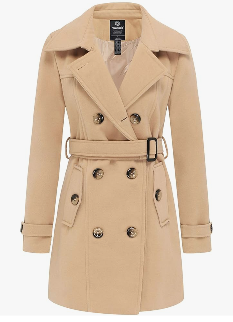 wantdo Women's Double Breasted Pea Coat Winter Mid-Long Trench Coat with Belt Size Small 