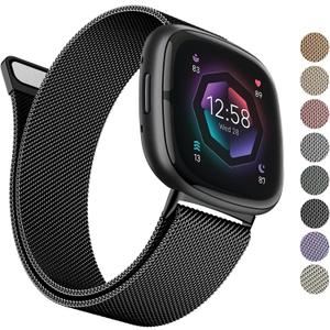 AK Metal Band Compatible with Fitbit Sense 2 / Sense & Versa 4 / Versa 3 Bands - Women & Men, Stainless Steel Mesh Loop Magnetic Replacement Bracelet Strap, Large, Black 