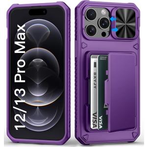 BXYJY for iPhone 12 Pro Max & 13 Pro Max Wallet Case with Camera Cover, Card Holder (45 Cards), Military Drop Protection, Heavy Duty Rugged Women Phone Case for iPhone 12 Pro Max, Dark Purple