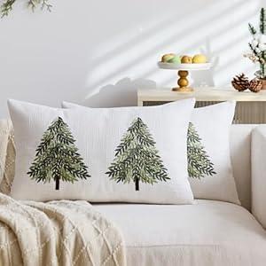 Festive Embroidered Christmas Pillow Covers 12x20 Set of 2, Farmhouse Rustic Decor for Sofa Living Room Xmas Holiday (Green Tree, 12"x20"(Pack of 2))
