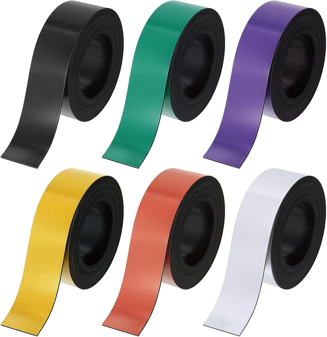 6 Pcs Dry Erase Magnetic Strips for Classroom, 1 in x 9.8 Ft Rainbow Colors Magnetic Tape Roll Blank Magnets Sticky Labels Writable Flexible Magnet Sheet for Whiteboard Refrigerator and Crafts