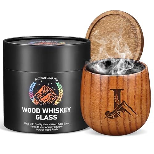 Argefkeen Charred Wooden Whiskey Glasses Personalized Bourbon Drinking Glass Ideas Gifts for Men Husband, Dad, Brother, Whiskey Lovers Birthday Insulated Old Fashioned Glass Whiskey Tumbler J