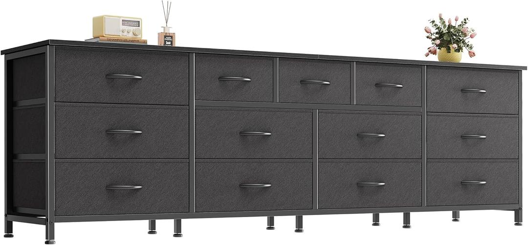 Huuger 70 Inch Dresser for Bedroom, TV Stand for 65, 75, 80 Inch TV, 13 Fabric Drawer Long Dresser, Wide Chest of Drawer, Black Storage Units for Bedroom