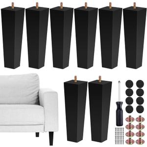 TURSTIN Set of 8 Furniture Legs 8 Inch Square Solid Wood Couch Legs Replacement Sofa Legs Mid Century Furniture Feet for Armchair Bed Dresser Cabinet Include Installation Hardware, Black