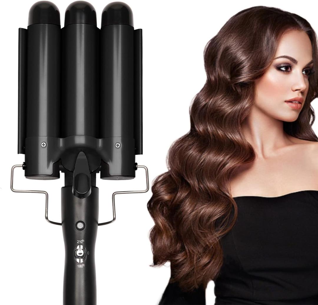 3 Barrel Curling Iron Jumbo 1.25 inch (32mm) Hair Curling Wand Crimper Instant Heating Adjustable Hair Curler with 2 Temperature Control (Black)