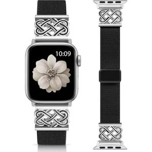 Minyee Magnetic Stretchy Band Compatible with Apple Watch Bands 42/ 44/ 45/ 46/ 49mm Women Men, Celtic Knot Soft Elastic Nylon Fabric Strap for iWatch Series 11 10 9 8 7 6 5 4 SE/ Ultra 3 2 1, Black/ Silver