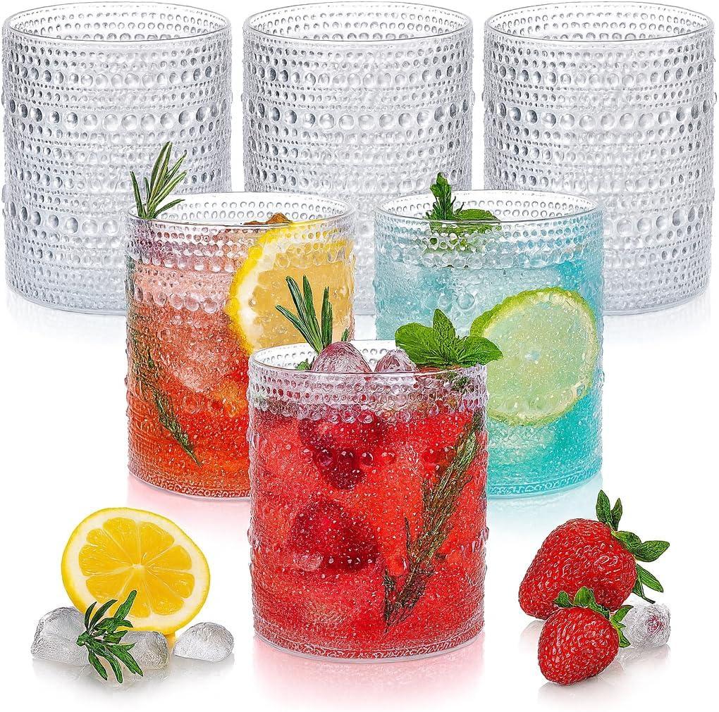 Plastic Hobnail Drinking Glasses Set of 6 Tritan Lowball Cups 14oz, Shatterproof & Unbreakable Acrylic Beaded Design, BPA-Free, Dishwasher Safe Indoor/Outdoor Drinkware for Water, Juice, Cocktails (Clear)