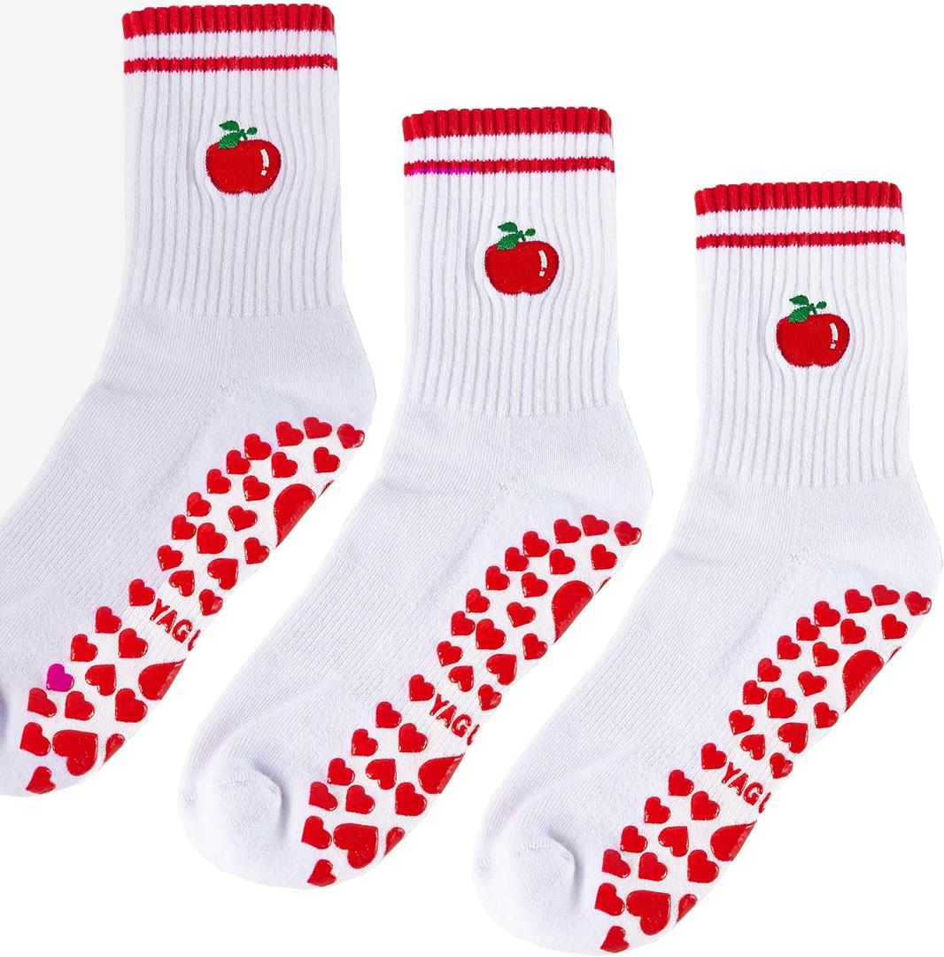 Cute Pilates Grip Socks for Women Yoga Grippy Crew Athletic Socks for Barre Workout Hospital (One Size, 3 Pairs Red)