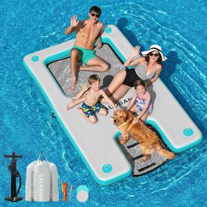 CALOBANA Inflatable Floating Dock with Boat Ramp,Lake Floats with Mesh,Tanning Pool Lounger Water Hammock for Family Party Pool Sea River Dock Boat, 10ft6ft6in