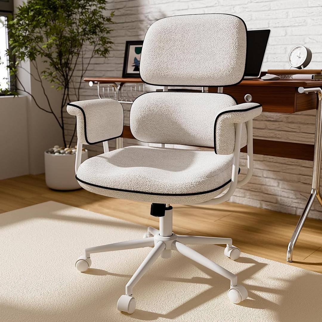 HomeZeer White Office Chair, Memory Foam Seat Mid Century Modern Desk Chair | 3.9" Sloped U-Shaped Memory Foam Cushion, Granular Linen Fabric, Lumbar Support, 1.2mm Sturdy Metal Tube, 400LBS Capacity, 20 inches x 19.5 inches x 42 inches