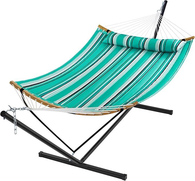 SUPERJARE Hammock with Stand, 2 Person Heavy Duty Hammock with Padded Cotton, Detachable Pillow & Strong Curved-Bar & Portable Carrying Bag, Perfect for Outdoor & Indoor, Mint Green with Stripes
