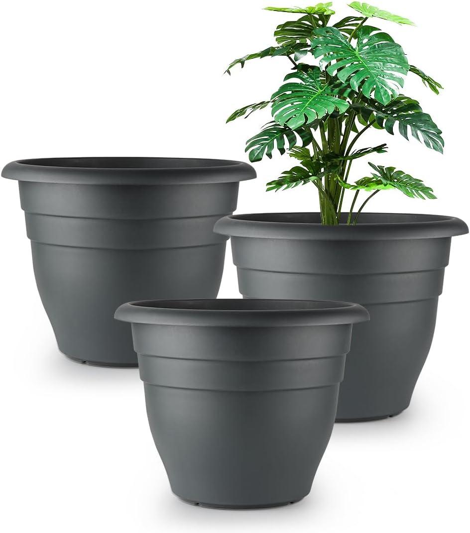 RooTrimmer 12 Inch Plant Pots, Large Planters for Outdoor Plants, Plastic Flower Pots - Durable and Lightweight with Drainage Holes (3 Packs, Gray)