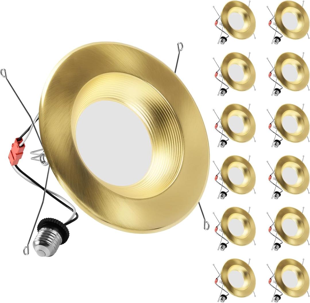 ZYC Gold 6 Inch Retrofit LED12 Pack 6" Dimmable Retrofit Downlights can Light,2700K/3000K/4000K/5000K/6000K Selectable, Damp Rated Can Lights, Baffle Trim, 15W 1200Lm(Gold, 6 inch)