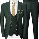 Men's 3 Piece Suits Slim Fit, Blazer Double Breasted Vest and Pants, Wedding Prom Business Suit with Gold Button (Large, Dark Green)