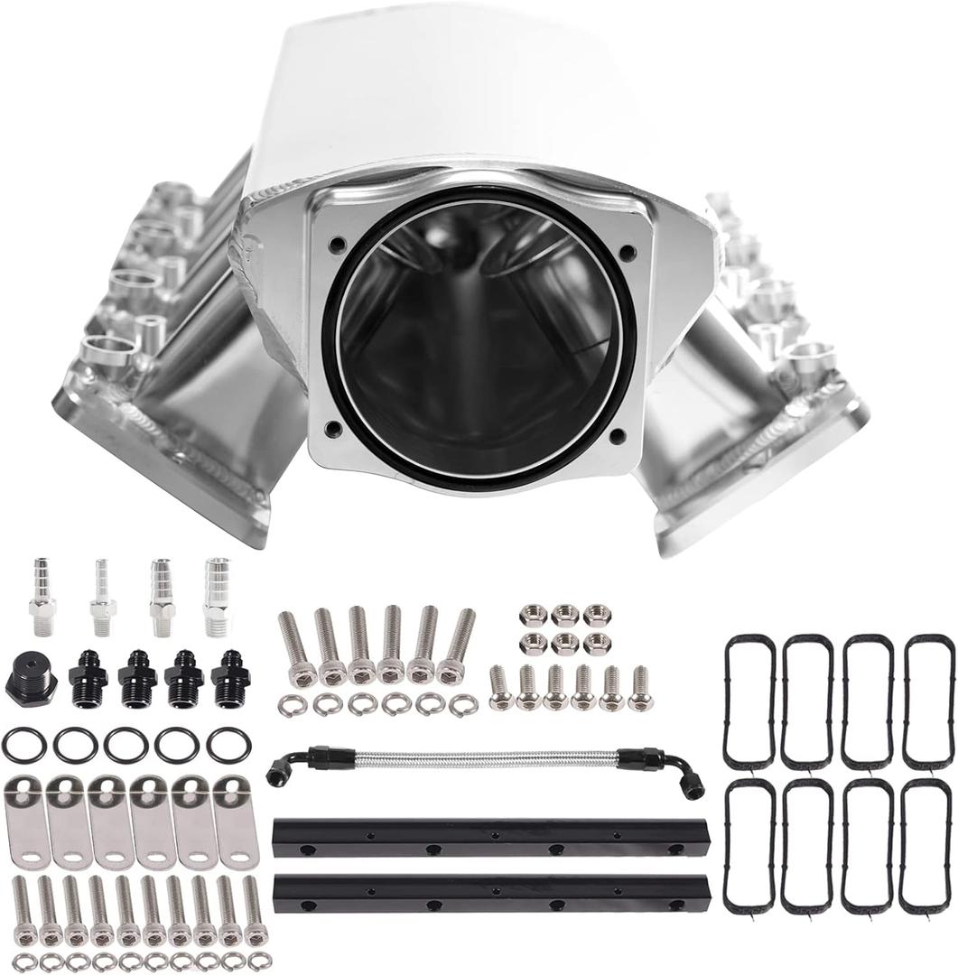 For LS Intake Manifold Low Profile Cathedral Port 92mm Compatible with Chevy GMC Pontiac LS1 LS2 LS6 Sheet Metal Fabricated EFI (Silver)