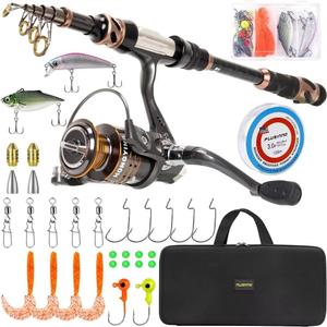 PLUSINNO Fishing Rod and Reel Combos - Carbon Fiber Telescopic Fishing Pole - Spinning Reel 12 +1 Shielded Bearings Stainless Steel BB (Full Kit with Carrier Case)