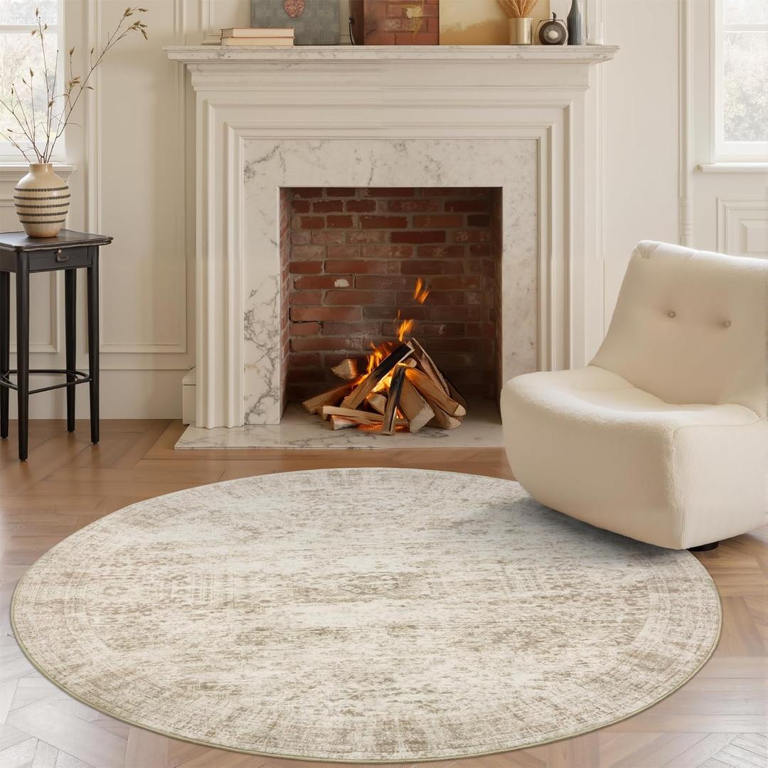 Soalmost 5x5 Beige Round Rug 5ft Living Room Circle Rug Vintage Round Area Rug Non Slip Indoor Carpet for Entryway Dining Room Bedroom