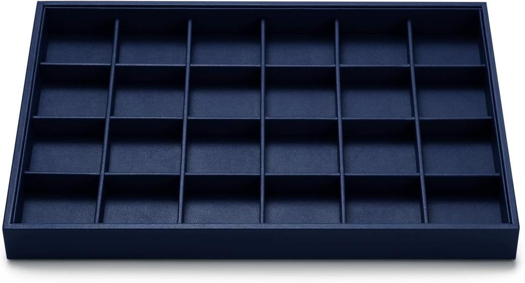 Oirlv Stackable Premium Leather Jewelry Trays 24 Grid Jewelry Organizer for Drawer Rings Earrings Holder Organizer (Blue)