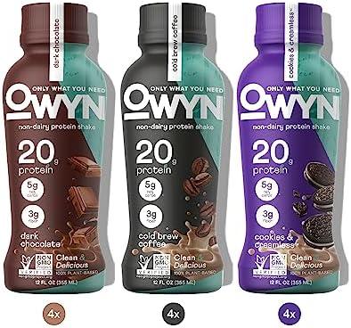 OWYN Protein Shake Variety Pack, Dark Chocolate, Cold Brew Coffee, Cookies and Creamless Flavored Protein Shakes, 20g Protein, 4g Sugar, 3g Fiber, Dairy Free, Plant Based Protein Drink, 12 Count (BB 06 Dec 2025)