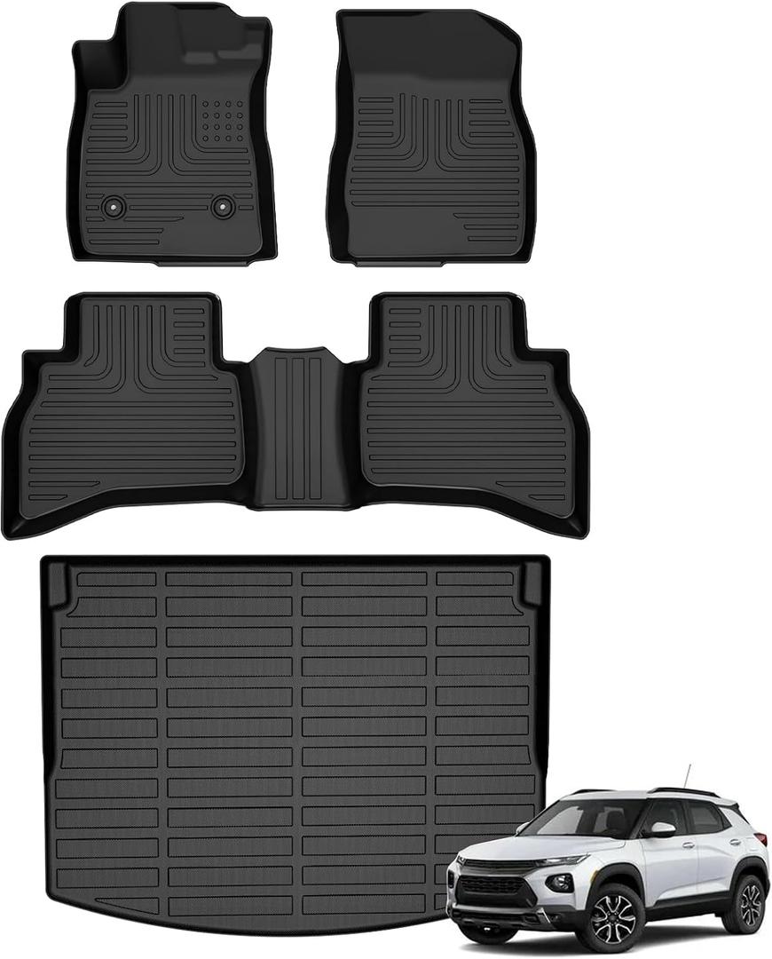 Floor Mats & Cargo Liner for Chevy Chevrolet Trailblazer AWD 2021-2026 (Cargo Tray in Upper Deck Position) All Weather Automotive TPE Anti-Slip Floor Liners Accessories (Car Mats+Trunk Mat) Black