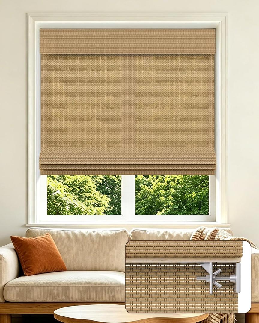 Allesin zen No Drill Cordless Bamboo Roman Shades, Light Filtering 36" W x 64" H, Brown